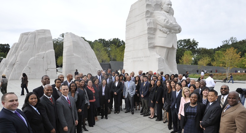 The 2011 LCLD Fellows gathered in front of the MLK Monument in Washington, D.C. (Photo by Joe Mahoney)