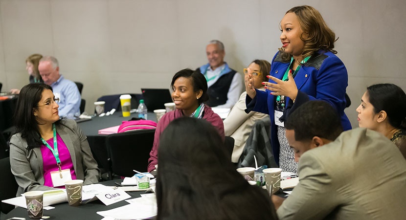 2017 Pathfinder Simone Hicks (r), of Debevoise & Plimpton LLP, at her first Pathfinder Meeting at Adobe. (Photo by Jeremy Francis)